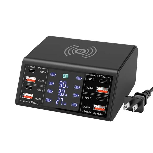 100W 8-Port Fast Charging Station – 4 USB QC 3.0 + 4 Type-C PD Ports + Wireless Hub